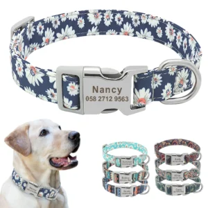 Custom Dog Collar Nylon Floral Engraved Pet Puppy Collar Print Personalized Name Collars for Small Medium Large Dogs Pitbull