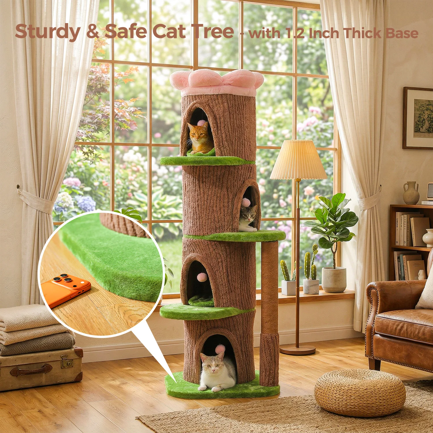 Large Cat Tree with 4 Spacious Condos Thick Scratching Post Flower Top Bed Tall Cat Tower for Indoor Luxury Cat House Bed Toys - Image 2