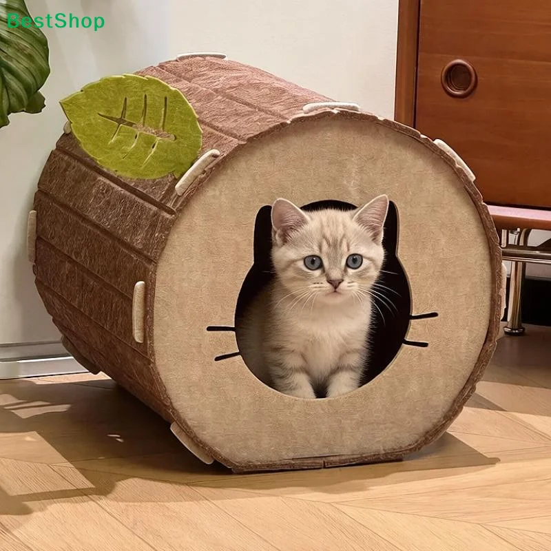 Washable Felt Cat Cave Bed Cute Tree Stump Design Soft Warm Interior For Indoor Cats Kittens