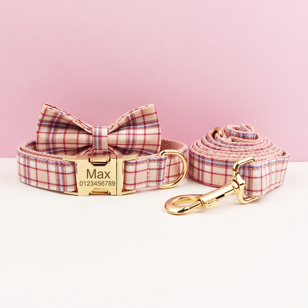 Plaid Dog Collar And Leash Set For Dogs Custom Engraved Nameplate Pet Supplies Dog Leash Grid - Image 2
