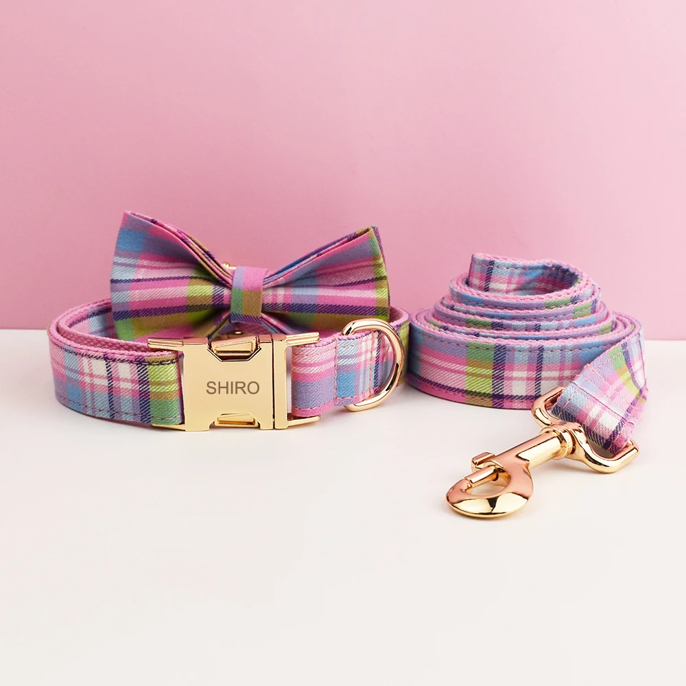 Plaid Dog Collar And Leash Set For Dogs Custom Engraved Nameplate Pet Supplies Dog Leash Grid - Image 3
