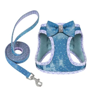 Denim Dog Harness Leash Set Mesh Breathable Puppy Harnesses With Cute Bowtie Soft Pet Vest Walking Lead For Small Medium Dogs
