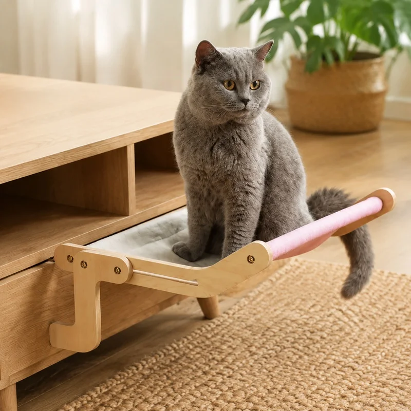 Multi-Layer Plywood Cat Hammock Nest with Cotton Canvas, Durable Wooden Hanging Bed for Pets, Simple to Clean
