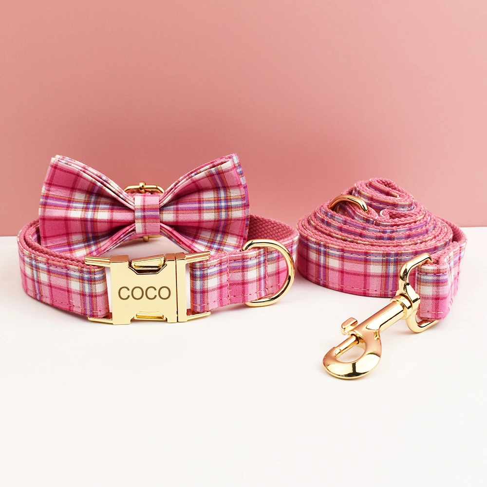 Rose Pink Plaid Dog Collar And Dog Harness and Leash Set with Custom Engraved Nameplate Personalized Pet Supplies for Dogs - Image 4
