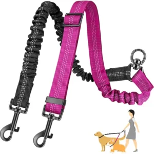 1.6ft Long Dual Dog Leash Attachment - Double Leashes for Training Small to Large Dogs - Adjustable Strap Shock Absorbing Bungee