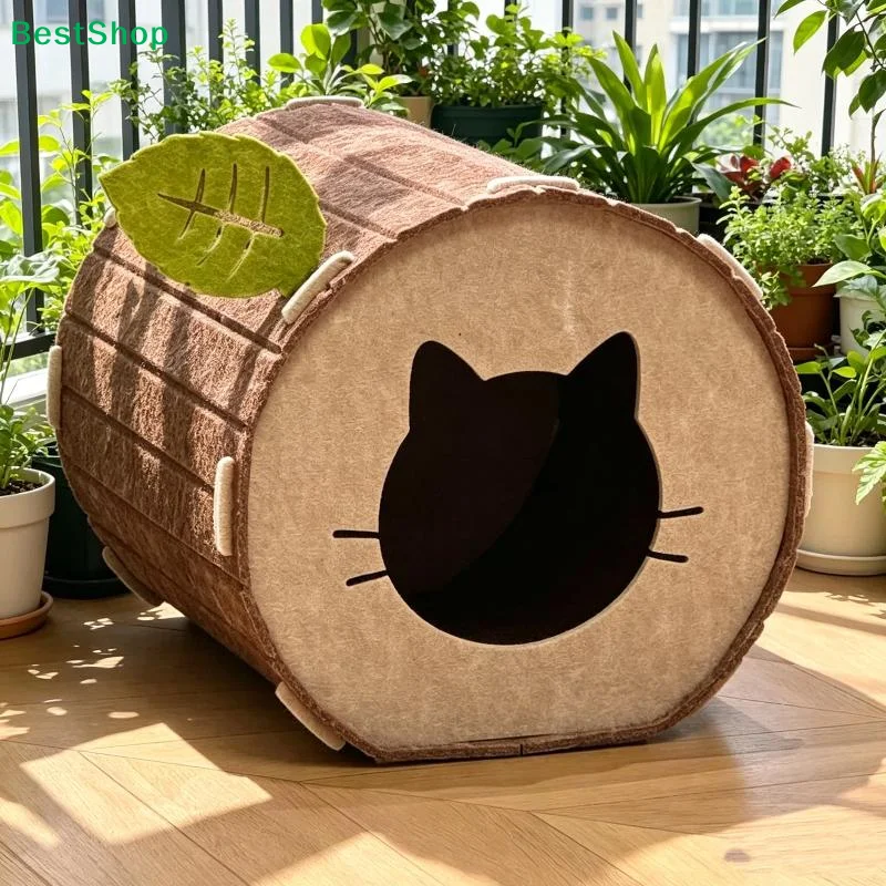 Washable Felt Cat Cave Bed Cute Tree Stump Design Soft Warm Interior For Indoor Cats Kittens - Image 3