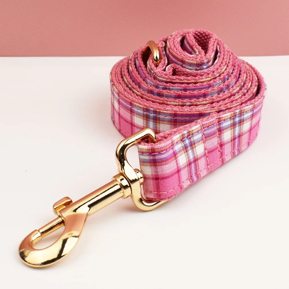 Rose Pink Plaid Dog Collar And Dog Harness and Leash Set with Custom Engraved Nameplate Personalized Pet Supplies for Dogs - Image 2