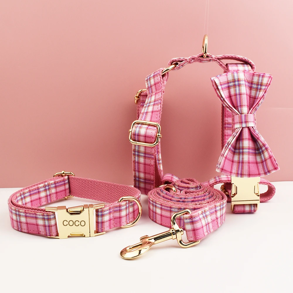 Rose Pink Plaid Dog Collar And Dog Harness and Leash Set with Custom Engraved Nameplate Personalized Pet Supplies for Dogs