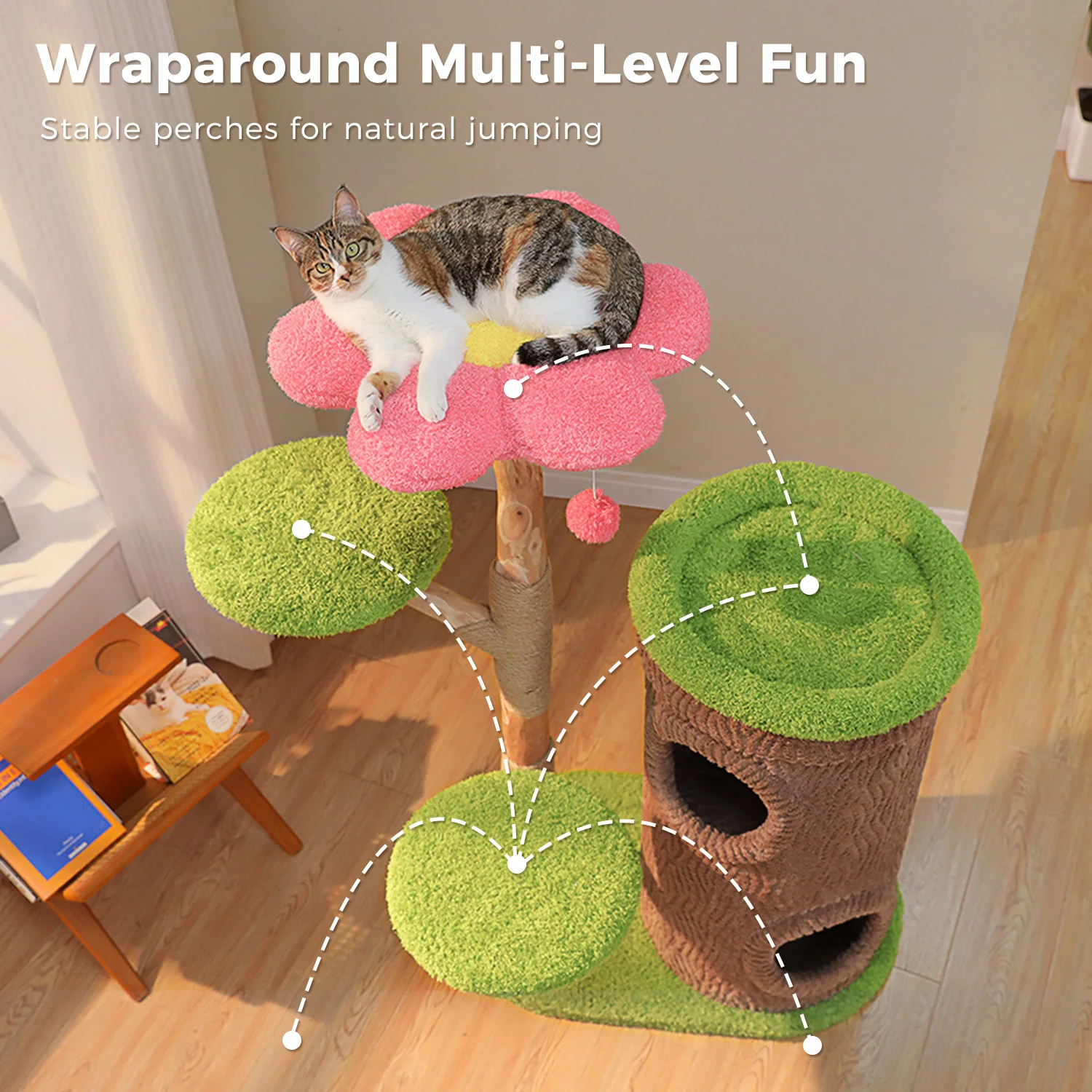 Large Cat Tree with 4 Spacious Condos Thick Scratching Post Flower Top Bed Tall Cat Tower for Indoor Luxury Cat House Bed Toys - Image 4