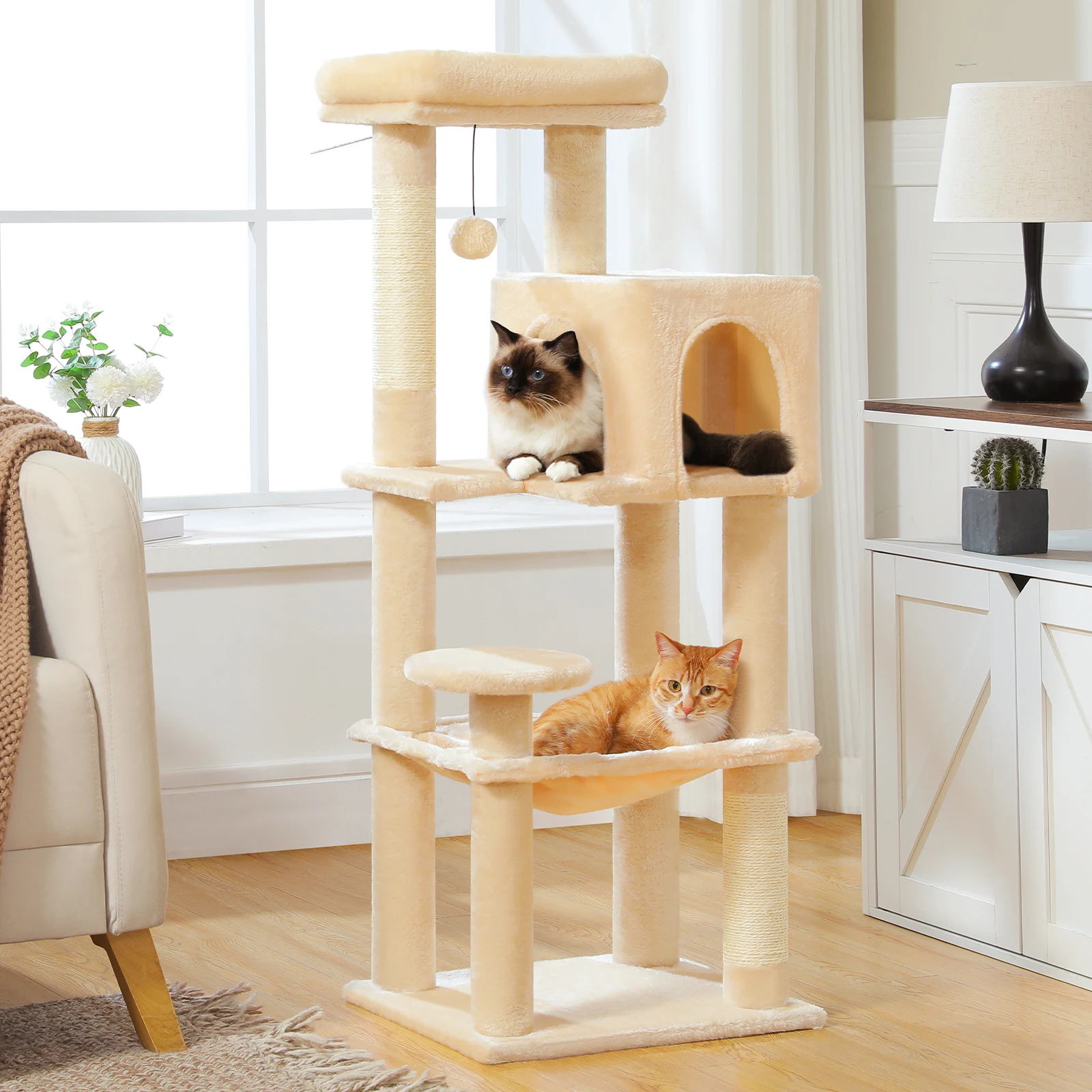 5-Level Cat Tree 113cm Cat Tower with Top Perch,Soft Condo,Natural Sisal Scratching Post,Attractive Pompom,Anti-tip kit,Hammock - Image 2