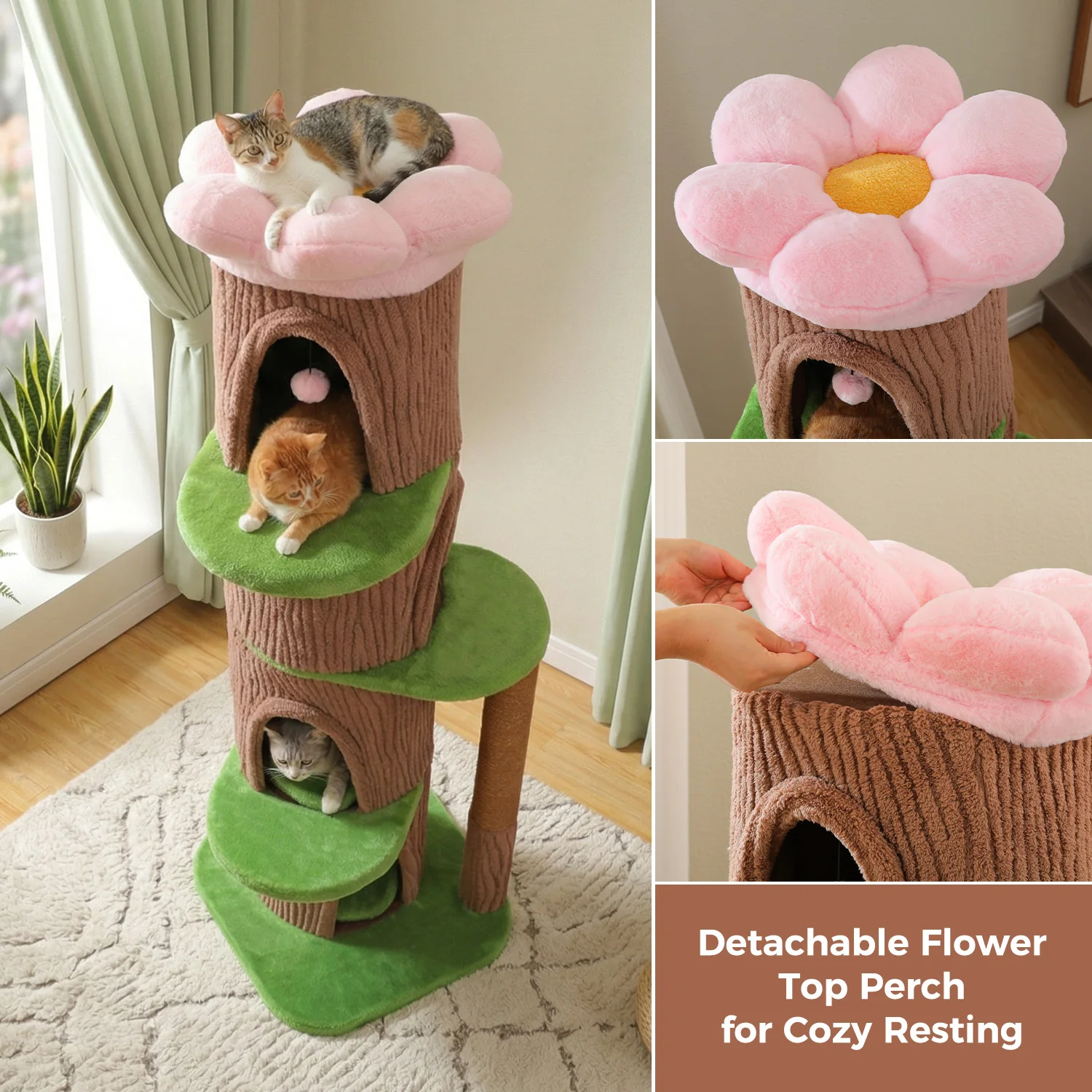 Large Cat Tree with 4 Spacious Condos Thick Scratching Post Flower Top Bed Tall Cat Tower for Indoor Luxury Cat House Bed Toys - Image 3