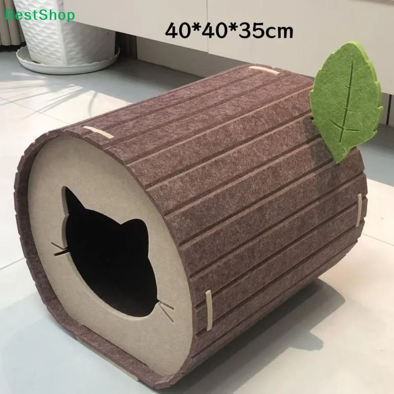 Washable Felt Cat Cave Bed Cute Tree Stump Design Soft Warm Interior For Indoor Cats Kittens - Image 5