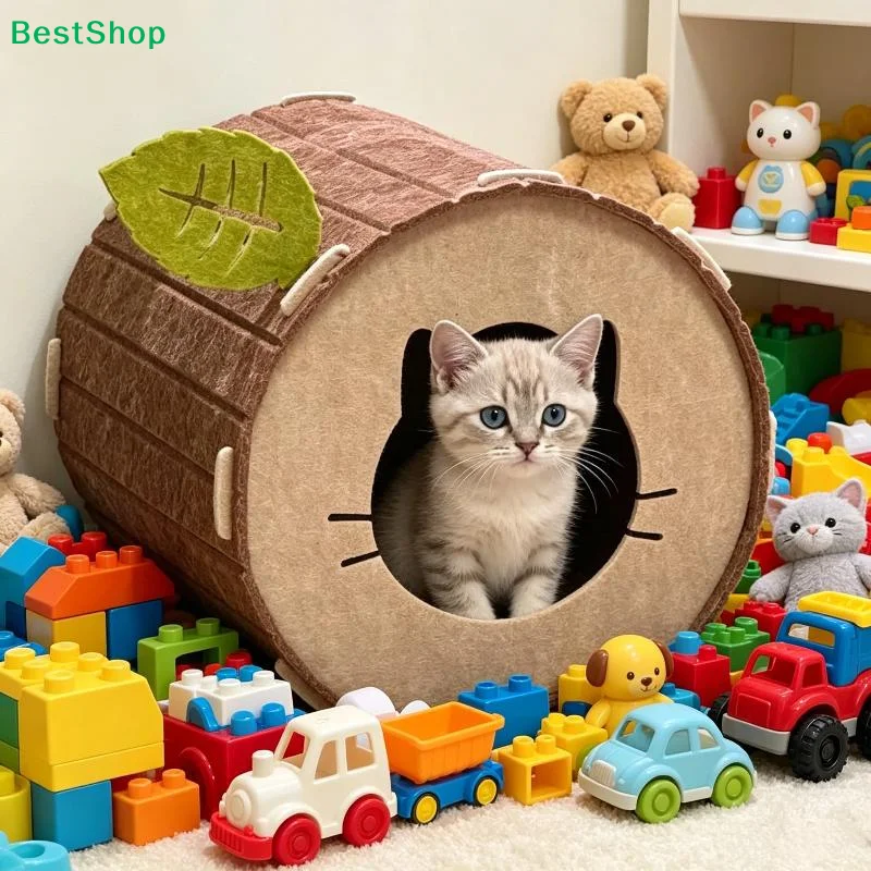 Washable Felt Cat Cave Bed Cute Tree Stump Design Soft Warm Interior For Indoor Cats Kittens - Image 4