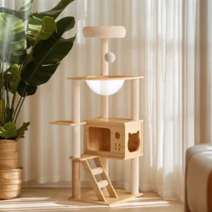 Modern Wood Cat Tower 48.8" with Acrylic Hammock - Multi-Level for Small & Large Cats, Sisal Scratching Posts, Top Perch & Condo